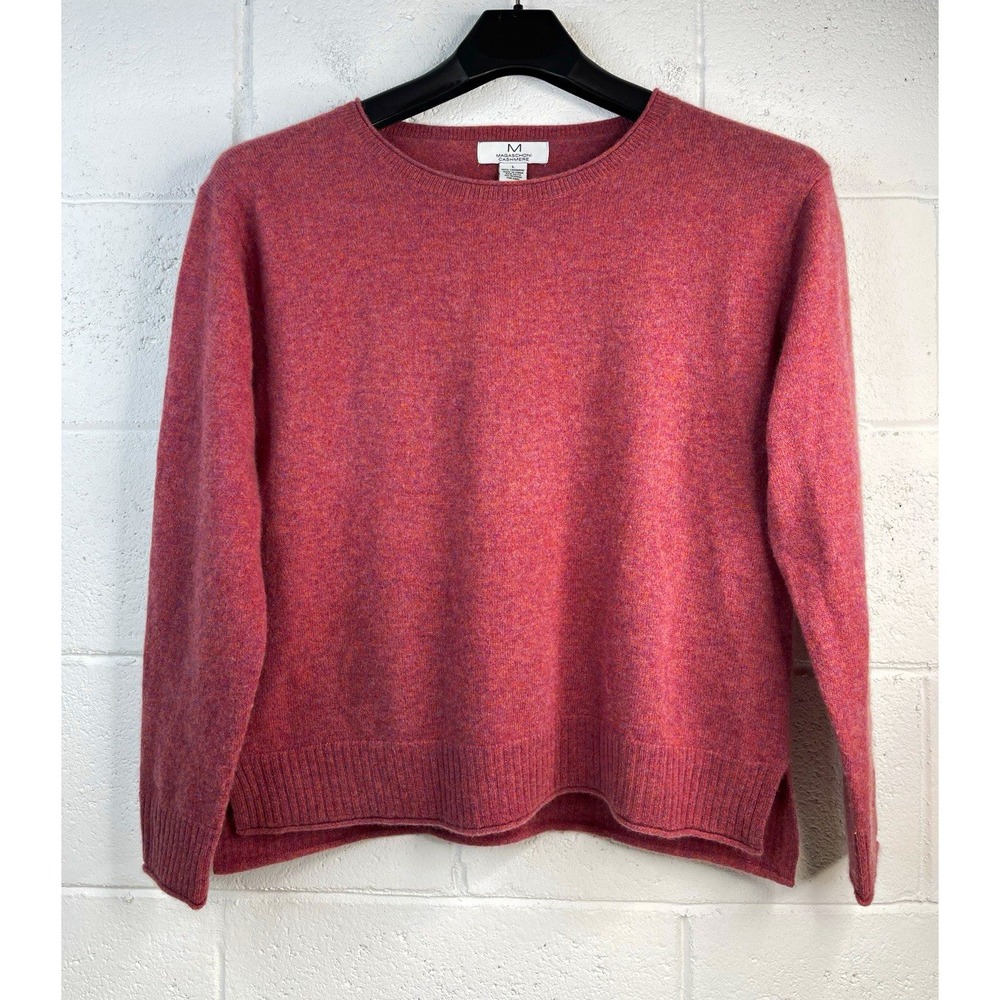Magaschoni 100% Cashmere Sweater Womens Large Pink Crewneck Split Hem Slit L